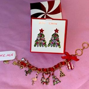 Betsey Johnson Christmas tree earrings and charm bracelet jewelry set